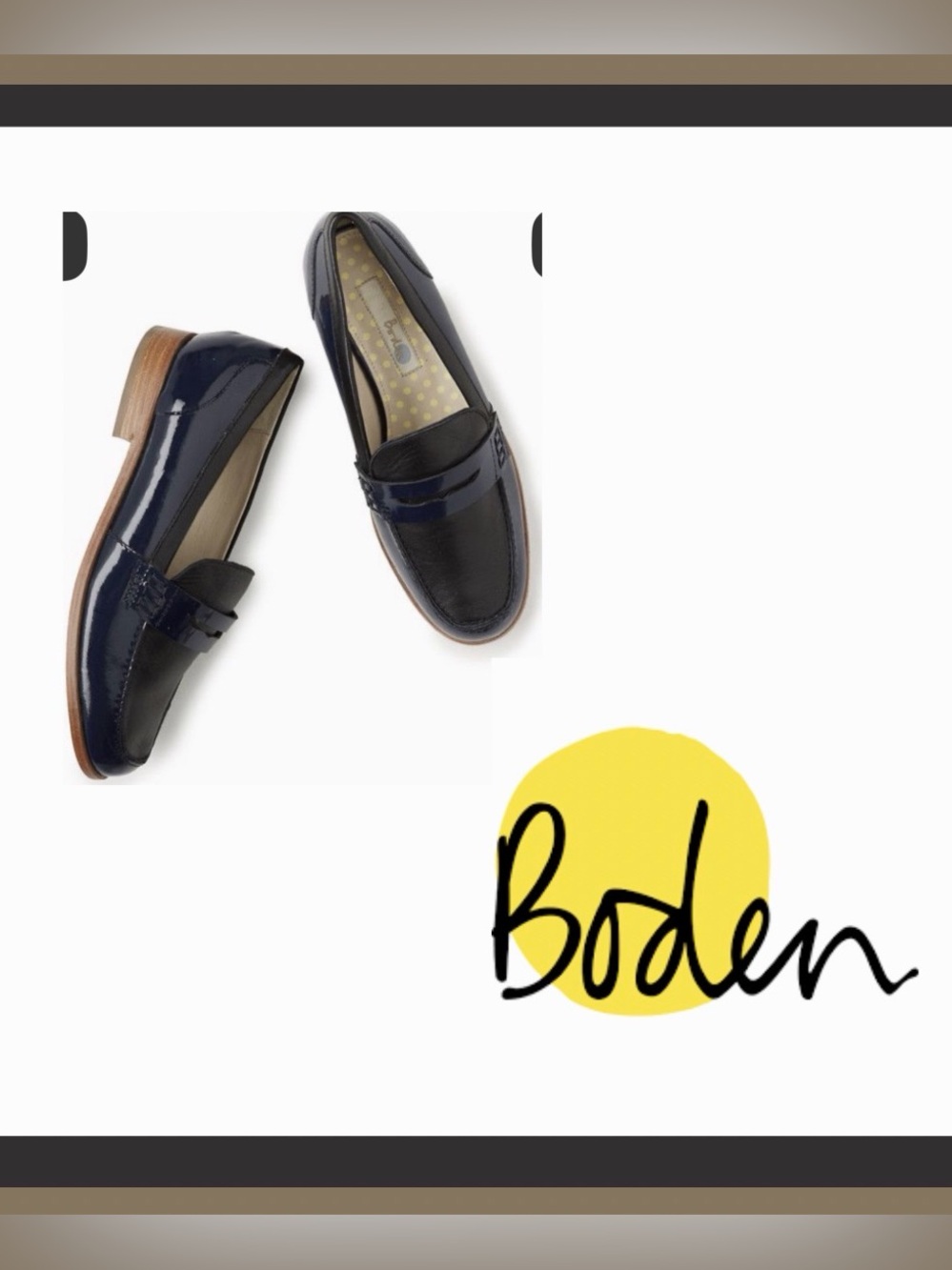 Boden Navy Patent Penny Loafers with Brown Heel Size 38.5
